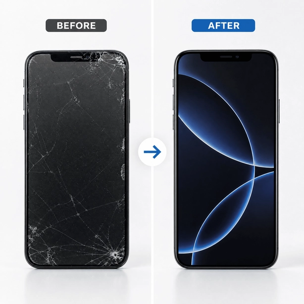 Before and after phone screen repair at A&S Digital Wireless